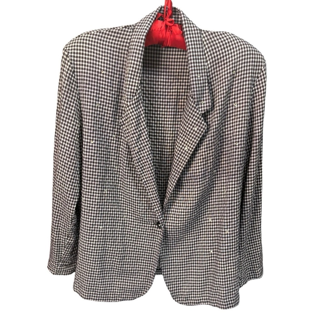 Vintage Signet Check Blazer Womens 18 Black White Studded Jacket Career Estate